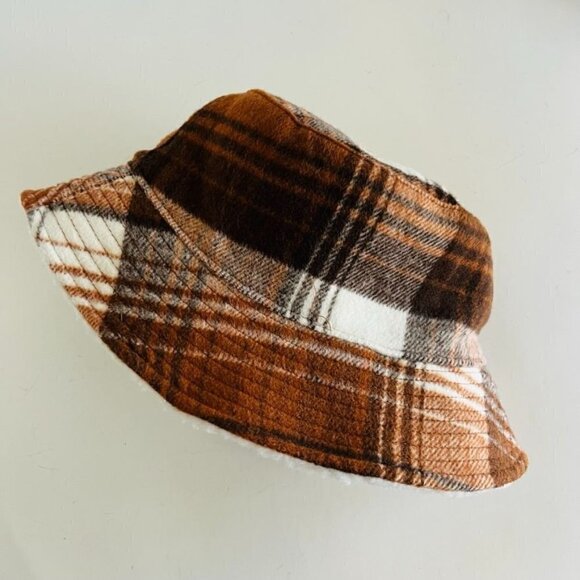 Cost Plus World Market Accessories - World Market Orange Brown Plaid Reversible Plush White Bucket Hat NEW